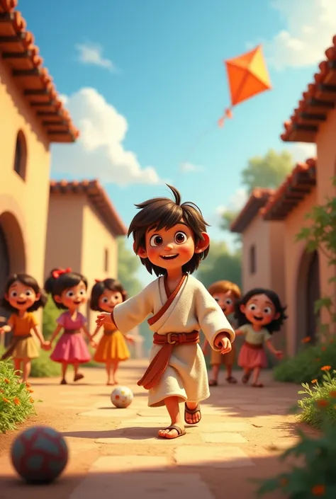 A 3D movie poster in Disney-Pixar style of Jesus as a  boy playing with his friends

