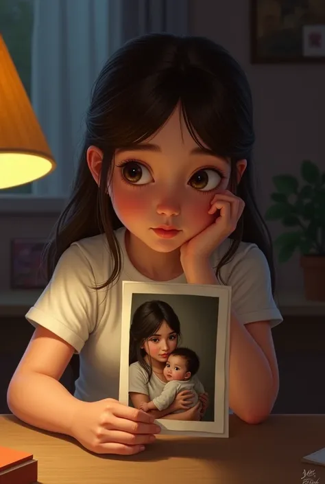 A girl looking at a photo of a woman with a baby in her arms 
