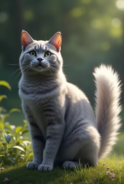 Real image of a gray cat with white and furry tail 
