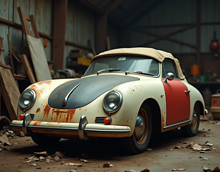 White Porsche 356 with a red fender and black hood with minor dents and patena on all the surfaces parked in a barn covered with dust and random farm supplies leaning up against the side. Spider webs all over the place and a canvas tarp half covering the t...