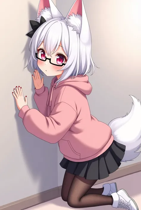 I have white hair white fox ears, a bow, My face is super blushing, black glasses, pink heart eyes, a big pink sweatshirt, painted nails a skirt down black shorts, black mesh stockings, White shoes, a fox tail a very shy girl i&#39;m hitting you a wall gra...