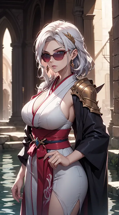 a woman with red wings, white hair on the shoulder, eye white, cleriga, wearing a light pink kimono , blue sunglasses, de corpo inteiro, in a style that combines dungeons and dragons art, oil painting, complex lighting, water colour, fancy, defined lines, ...