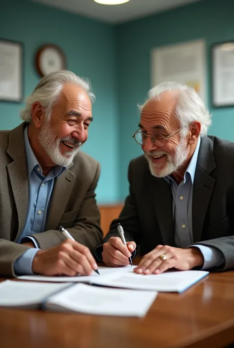 TWO ELDERLY BRAZILIAN MEN, BLACK AND WHITE, SMILING, TAKING OUT A LOAN AND SIGNING A CONTRACT AT THE BANK, CINEMATOGRAPHIC FRAMING, ETHNIC VARIETY
