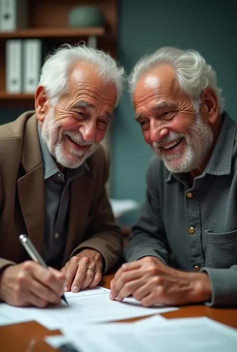 TWO ELDERLY BRAZILIAN MEN, BLACK AND WHITE, SMILING, TAKING OUT A LOAN AND SIGNING A CONTRACT AT THE BANK, CINEMATOGRAPHIC FRAMING, ETHNIC VARIETY
