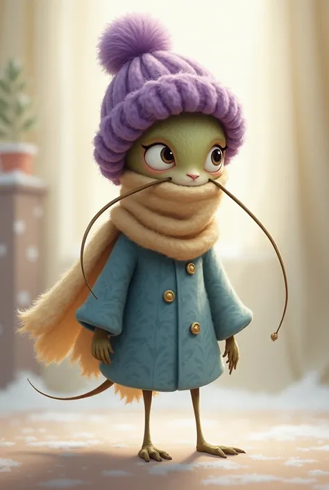 Drawing of a skinny mosquito wearing a purple woolen cap, a beige scarf and a cute blue blouse