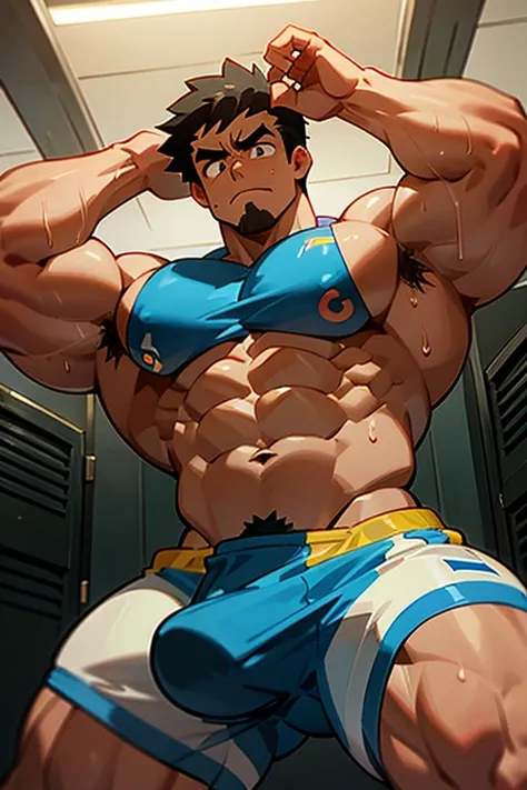 Ash Ketchum from Pokémon anime as a big dumb teenage muscular bodybuilder jock in a locker room flexing and staring blankly as his eyes glow red under hypnosis as he repeats, "Bigger... Dumber.... Must obey.... More like a jock bro every day.... Yes, Coach...