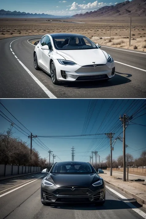 Stunning images of Tesla vehicles in different environments, solar panels generating energy, smart cities.