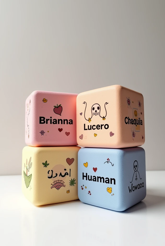 There are four cubes sitting on a table and on each cube it says  "BRIANNA" , "LUCERO" , "CHAQUILA", "HUAMAN", aestheticism, a file photo, by Micky mouse , several hearts, many hearts, emoticons, cubes, nice! c4d