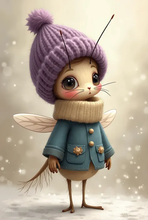 Drawing of a skinny mosquito wearing a purple woolen cap, a beige scarf and a cute blue blouse