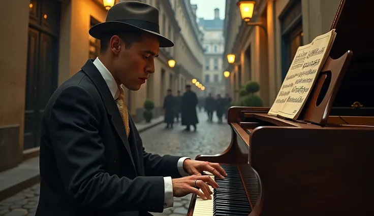 1934, (best quality,4k,8k,highres,masterpiece:1.2),ultra-detailed,(realistic,photorealistic,photo-realistic:1.37),man playing piano on the street in Paris, detailed facial features, beautiful eyes, elegant hands, street scene, vintage fashion, old building...