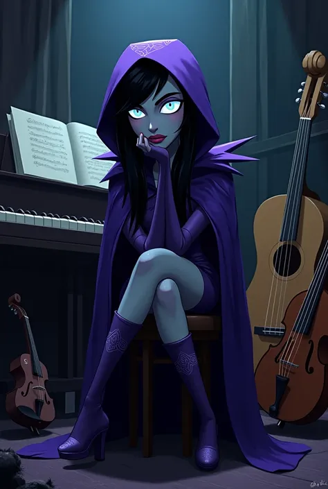 Draw Raven from Teen Titans playing musical instruments 
