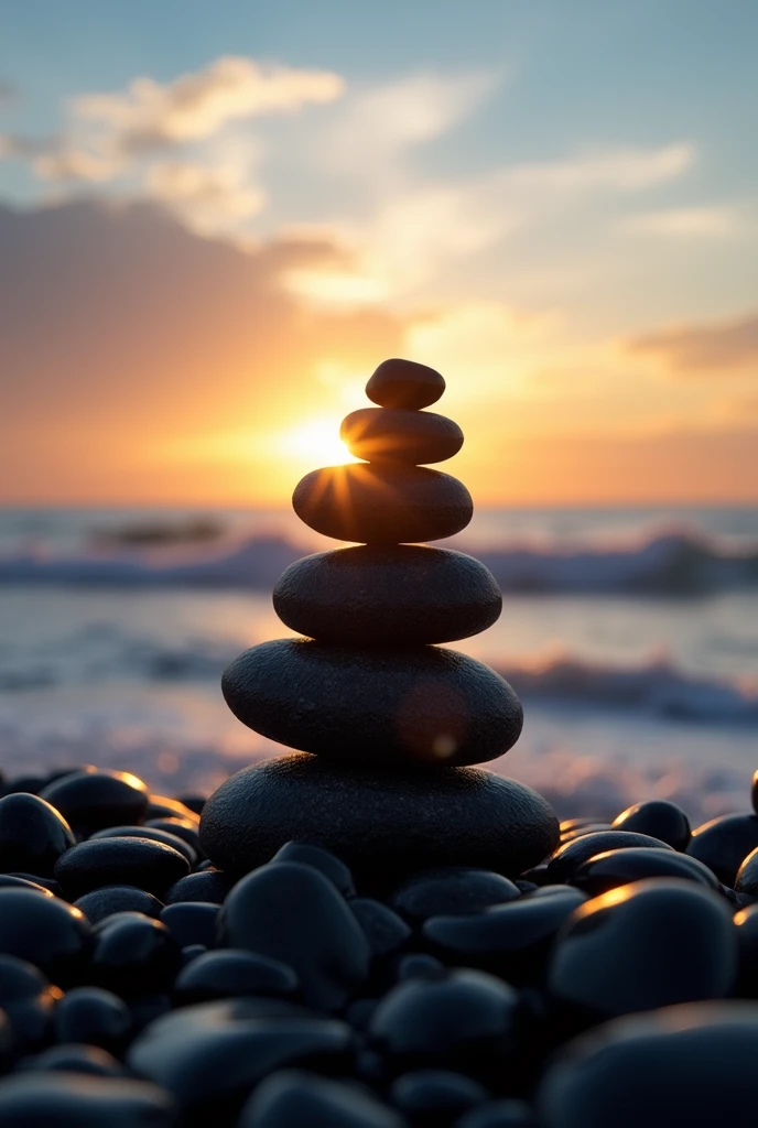 The image is a photograph of a stack of rocks on a rocky beach at sunset. The rocks are arranged in a pyramid-like structure, with the topmost rock being the largest and the bottommost being the smallest. The stack is made up of multiple black pebbles of d...