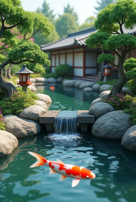 front garden,Small waterfall,Koi fish,Japanese garden