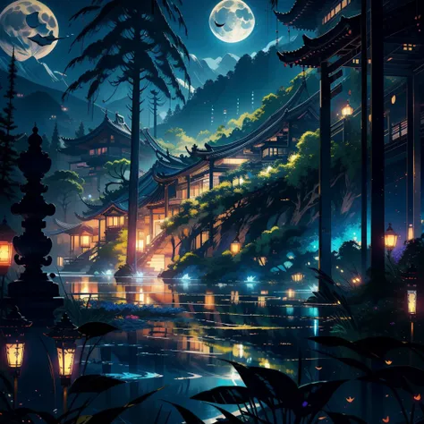 (masterpiece), Night view, Handmade Asian Art, Vietnamese influence, The hazy Angara, Moonrise, quiet night, Green and blue palette, Digital Illustration, highly detailed 4k digital art, Night Scenery, anime art wallpaper 4k, Detailed digital art 4K, Natur...