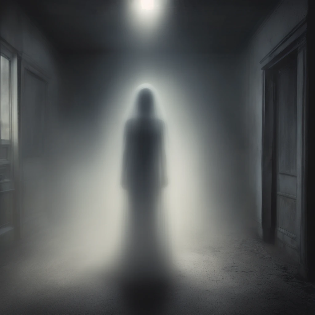 blurred woman ghost, specters, transparent, dark ambient, dusty, mysterious scene, photo realistic, dramatic light, foggy