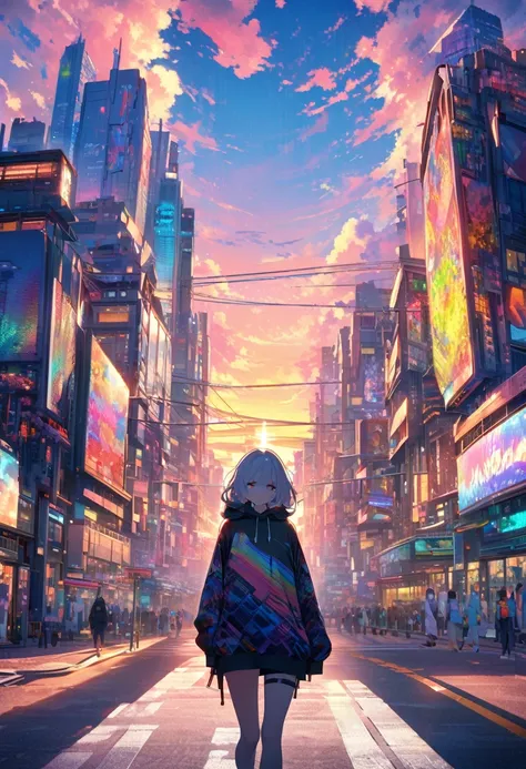 angelic, detailed woman who is walking, woman wearing hoodie, highest billding in city, road, sunrise, horizon, skyline, in the sky, city of clouds, colorful, high-res, 8K