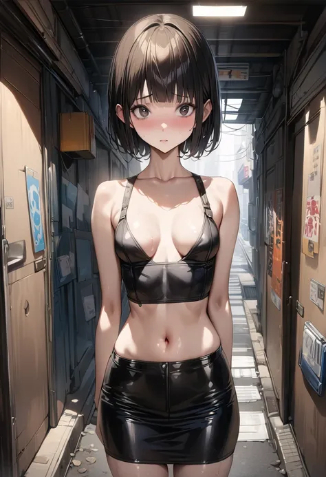 ((masterpiece,best quality anime,Highest quality:1.3)),realistic,cowboy shot,1woman,(30 year old beauty),((very small head:1.4)),((very long body:1.4)),(short bob hair),black hair,(gorgeous big eyes),black eyes,shy,((slender body:1.4,skinny:1.3)),medium br...