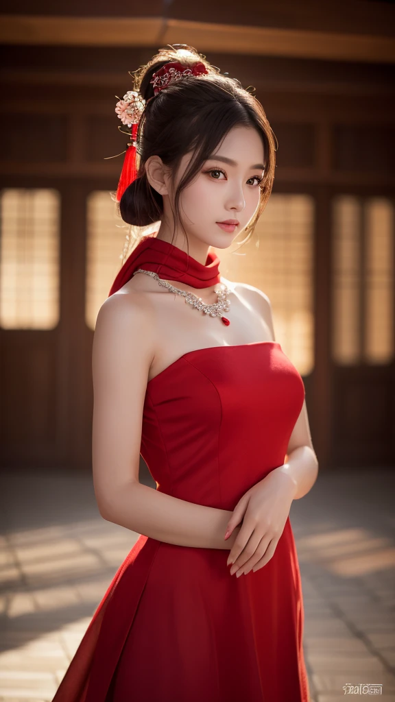 最high quality, masterpiece, High resolution, One person, Chinese Hanfu,Chinese Architect Background, Red scarf, hair ornaments,necklace, jewelry,Beautiful Face,On top of that_body, Tyndall effect,Realistic, Dark studio, Rim Light, Two-tone lighting,(Skin w...