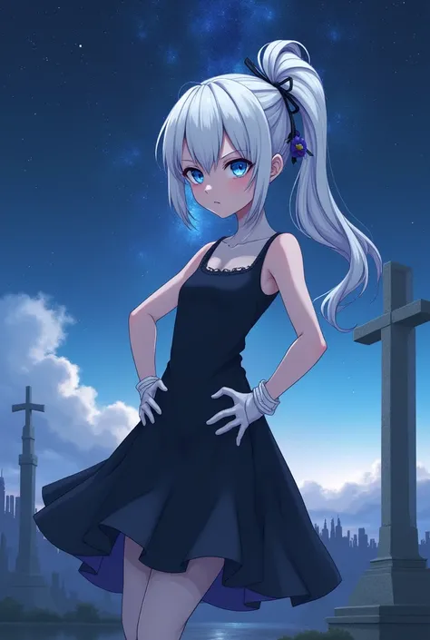 rompts
Copiar prompts
1 garota, standing alone, absurderes, best qualityer, (smug smile:1.2), White hair, blue colored eyes, no-sleeves dress, hair ornament, black gown, 小柄, side ponytail, long hair, plein-air, nattatime, natta, citys, stele, starry sky, b...