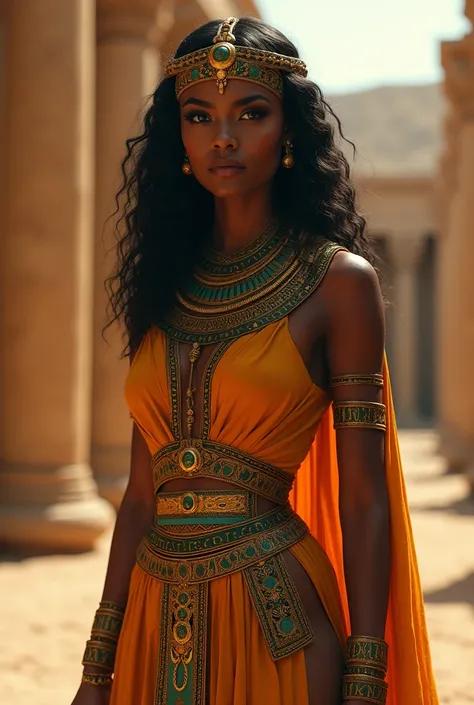 A very powerful black woman from ancient Egypt, pretty, with green eyes, wavyhair, rica, Pharaoh.