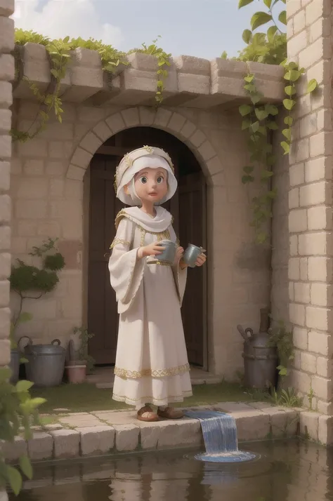 Create a young girl dressed in biblical-style robes, Talking to an old woman looking for water in a well, both with jugs in their hands, in a village in Jerusalem in biblical times 