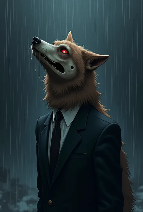 brown fur wolf, with the skull for a face, with red eyes wearing formal suit, Looking up crying, in the night rain 2D anime style