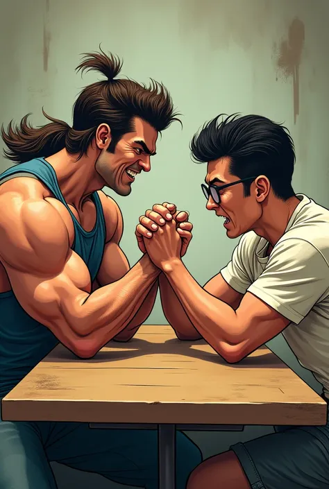 Create the image of a muscular person, with a mullet cut, laughing arm wrestling on a table with a very skinny person with glasses, and the skinny person has a Korean haircut