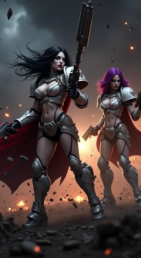 Full body pose sexy sisters of battle from the warhammer 40k, shooting at the enemy, white armor with intricate details, red armor with intricate details, religous symbols on the armor, sisters of battle, warhammer 40k, Massive silicone breast, pale skin, ...