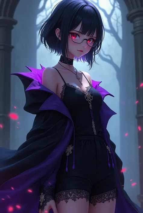 anime, A vampire, witch, Girl, short black dress, Red eyes, purple and black dress, glasses