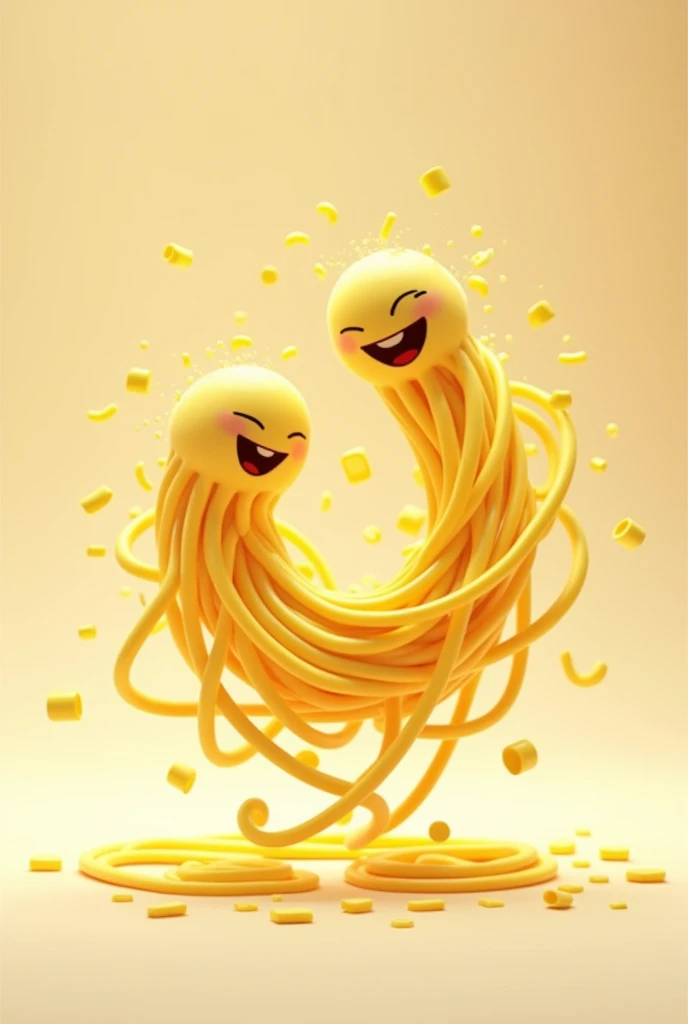 Design a dynamic and whimsical scene featuring two spaghetti noodles dancing together with extreme flexibility. The noodles are long, golden-yellow, and highly animated, with expressive faces that show joy and excitement. They should be depicted in a serie...