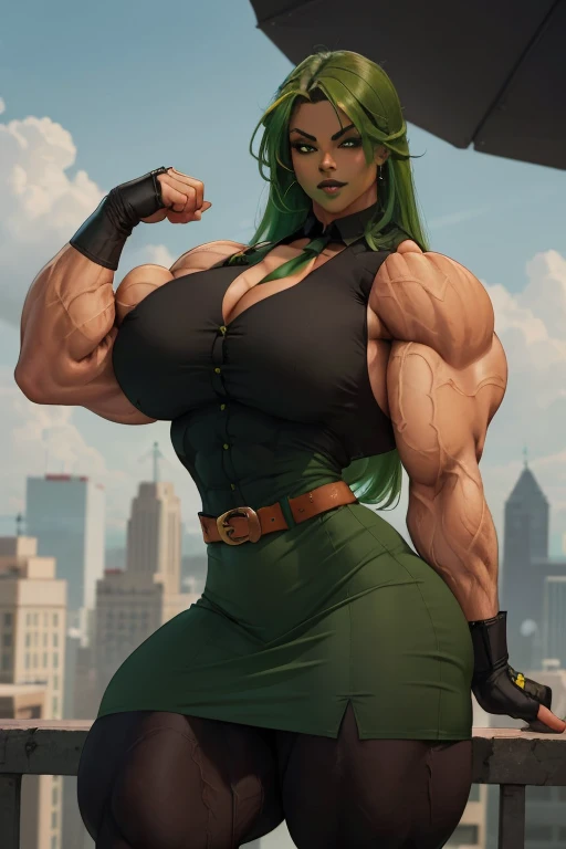 ((Close-up)), tall, (green hair), beautiful muscular woman, long curvy hair, brown skinned, closed smile, large breast, (black lipstick), (massive muscles), (hyper muscle), ((ginormous bulky muscles)), orange eyes, (((sleeveless green buttoned dress shirt)...