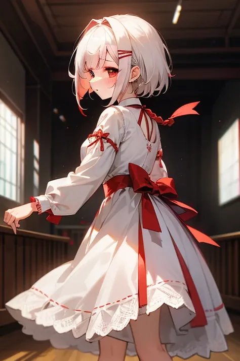 Short white hair, blush, Goshikta、Punk Fashion、Headbang 2.、White and red clothes、Braiding、2 hair clips、Lace dress、(dance hall)、