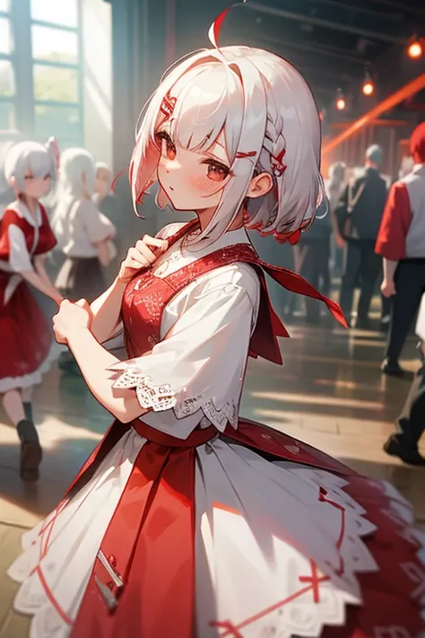 Short white hair, blush, Goshikta、Punk Fashion、Headbang 2.、White and red clothes、Braiding、2 hair clips、Lace dress、(dance hall)、