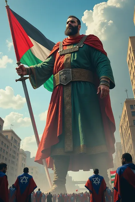 a Big Palestinian man is standing in a city with sword , he is high than big  building and he looking his body and holding Palestinian plag by his hand, his dress is maked by Palestinian plag and he is killing is a man by  his own hand is holding . who are...