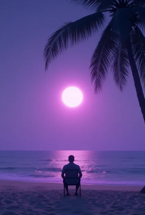 Person in a chair on the large beach at purple night with moon, with palm tree 