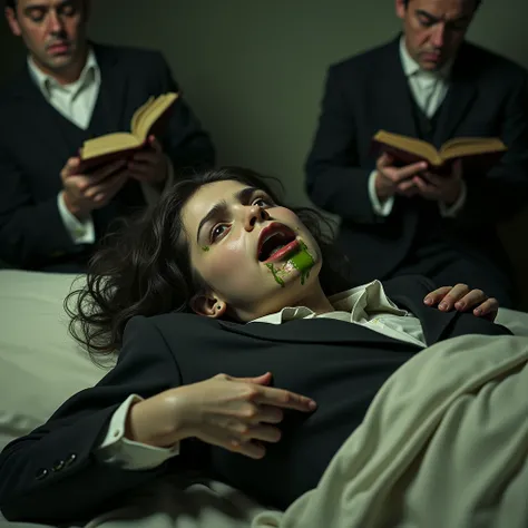 A photorealistic image focused on the scene of the exorcists girl but photographed from a distance, the girls face looks possessed, lying on a bed in a room set in the 1970s, tied with a rope and next to her are two priests praying and reading the Bible. T...