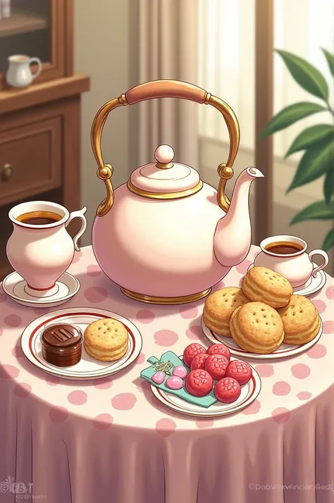 An Illustration of a Tea Table with a Kettle, candies, honey pot, biscuits, good and playful.