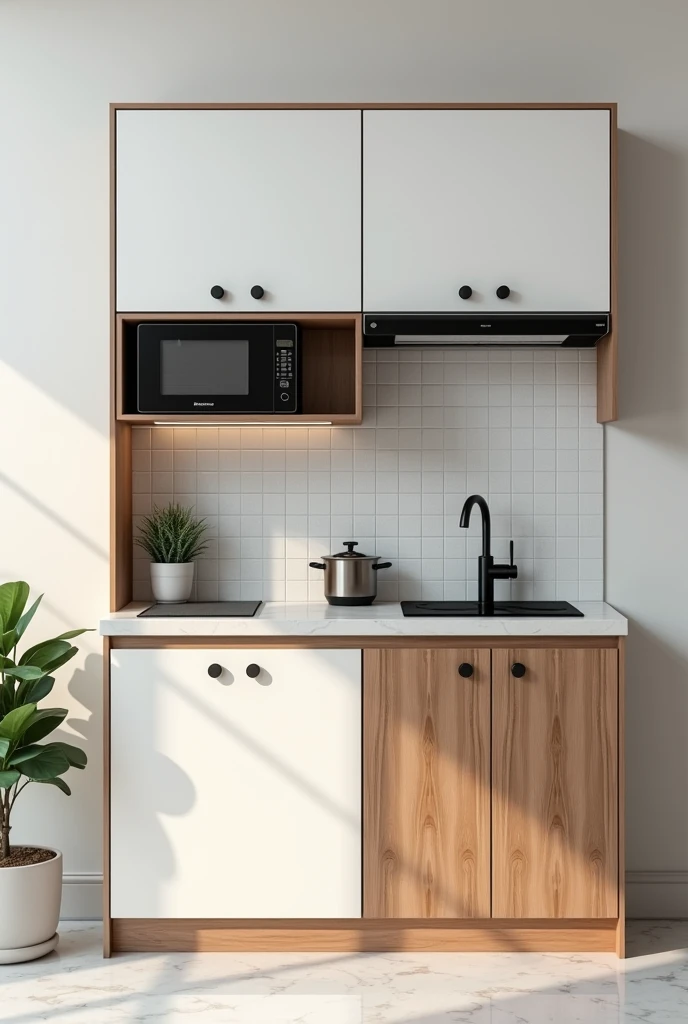 Small kitchen cabinet of 2.5 long. White on top and woody on the bottom. With rounded black handle With space for microwave, cooktop, sink and oven.

With white marble countertop, sink with tile on the back wall in a 20cm by 20cm square format

