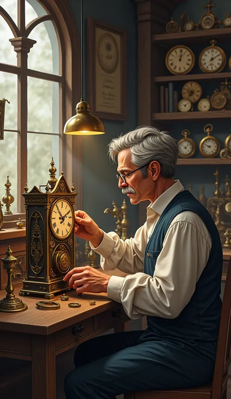 An illustration or recreated scene of Henleins workshop, with him working on a clock and surrounded by tools and partially assembled timepieces.
