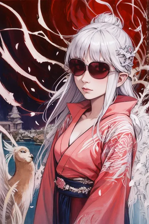 a woman with red wings, white hair on the shoulder, eye white, cleriga, wearing a light pink kimono , blue sunglasses, de corpo ...