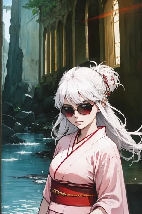 a woman with red wings, white hair on the shoulder, eye white, cleriga, wearing a light pink kimono , blue sunglasses, de corpo ...