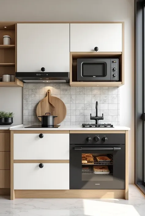 Small kitchen cabinet of 2.5 long. White on top and woody on the bottom. With rounded black handle With space for microwave, cooktop, sink and oven.

With white marble countertop, sink with tile on the back wall in a 20cm by 20cm square format

