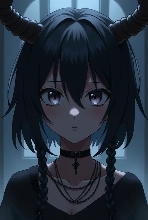 A dark skinned anime character, short straight hair, braids on the sides, elegant, horns, tired face and eye shadow With chain 