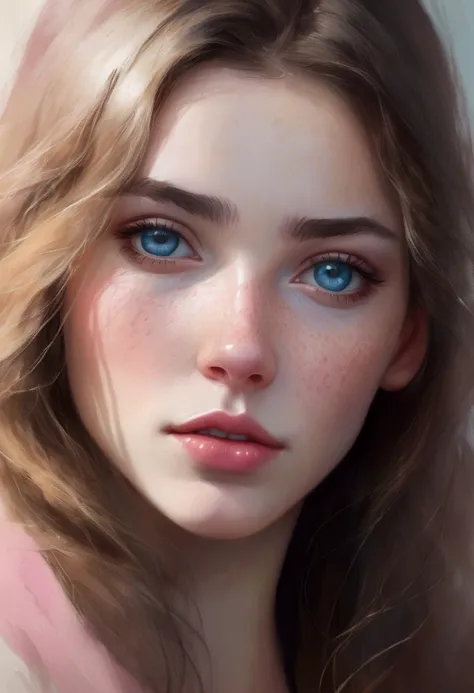 Generates a frontal portrait with lots of lighting of a young woman with very white skin and slightly large pink cheeks., with freckles, showing tenderness, big light blue eyes, small nose, full lips and small mouth, long eyelashes, eyebrows, long and bush...