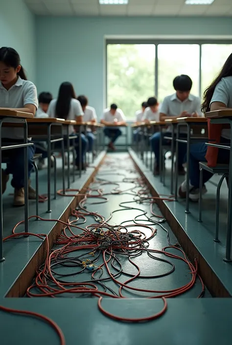 I show a classroom with a risk zone due to exposed electricity wires 
