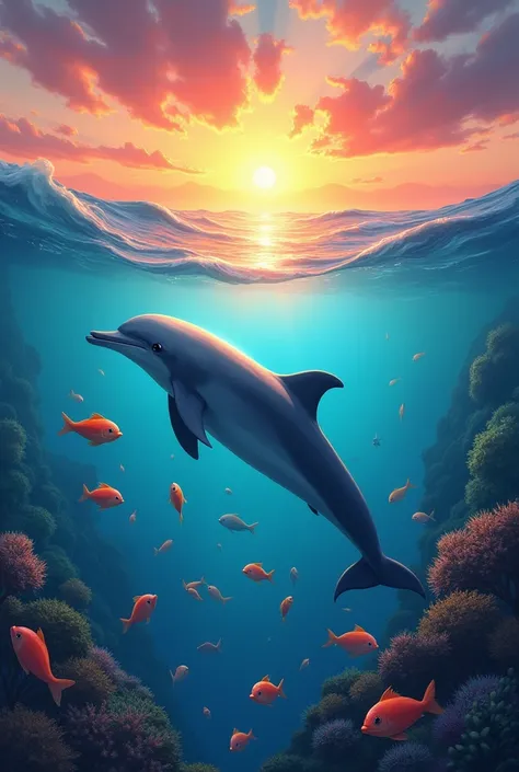 A dolphin swimming with fish in the sea at sunset, that the image is very colorful 