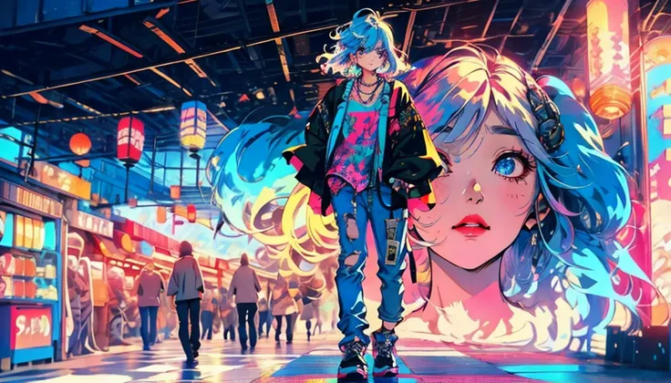 A full body woman on a street in 80s anime style, with a vintage aesthetic. She is wearing an oversized denim jacket, high-waisted wide-leg pants and sneakers, all with soft colors, typical of the 80s. Your hair is long, smooth ass, with a touch of nostalg...