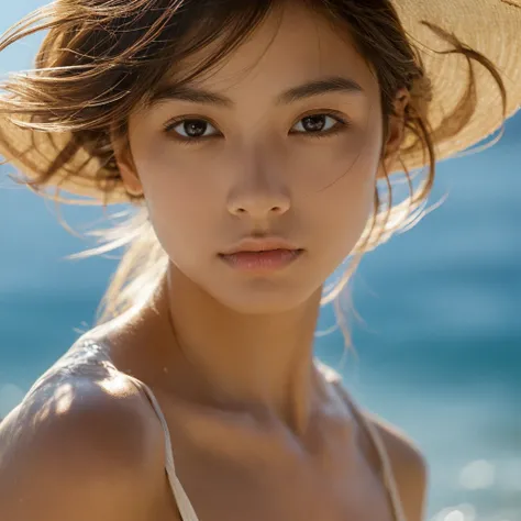 A hyper-realistic image of a single Japanese woman in her early 20s, captured with the nostalgic warmth and subtle graininess of a film camera, showing her from the shoulders up as she stands on a sunlit beach. Her skin has a warm beige tone with a natural...