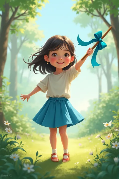 A girl in a blue skirt holding a stick with blue ribbon