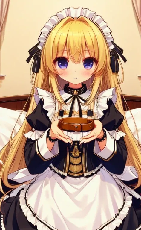 beautiful long blonde　wearing a black maid outfit　long sleeve　whole body　long skirt　collar on her palms, collar, holding